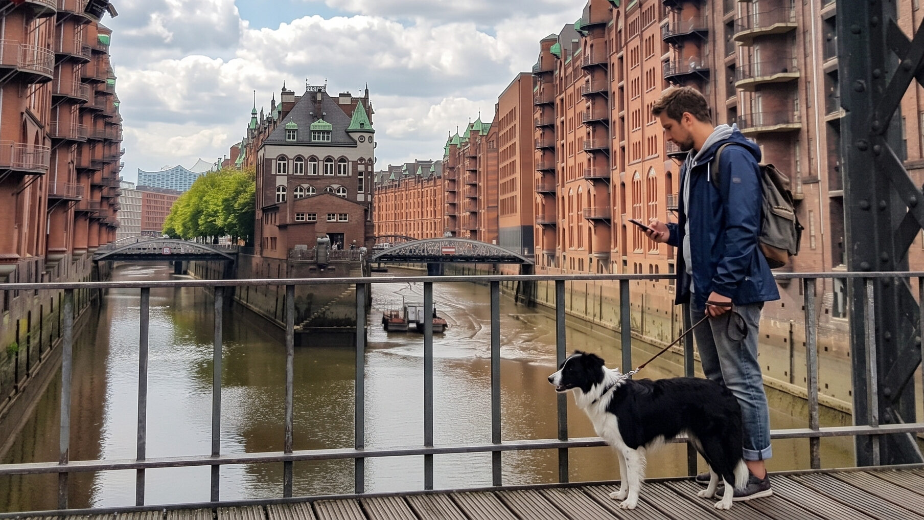 Poggenmühlenbrücke mit Blick auf Wasserschloss in Hamburg-HafenCity mit Hund